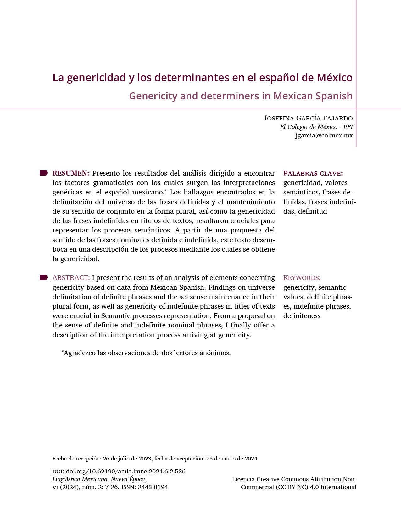 Portada del artículo La genericidad y los determinantes en el español de México