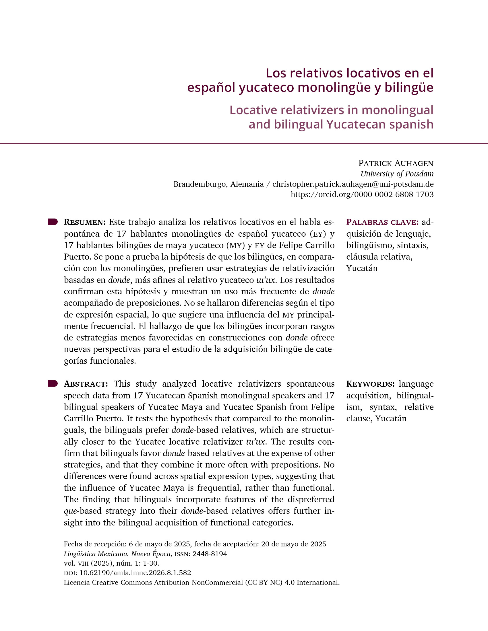 Portadilla del artículo "Los relativos locativos en el español yucateco monolingüe y bilingüe"