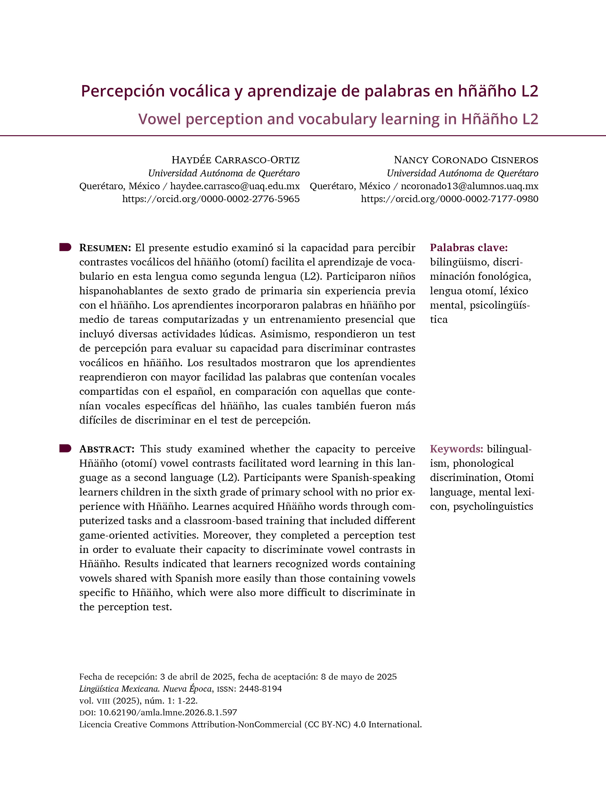 Portadilla del artículo "Percepción vocálica y aprendizaje de palabras en hñañho L2