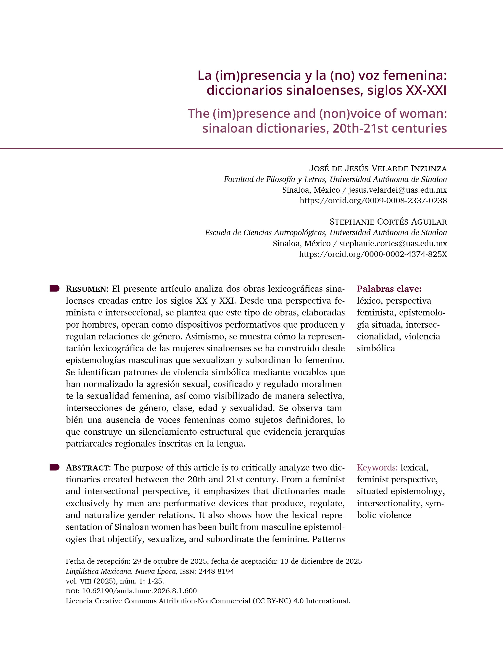 Portadilla del artículo "La (im)presencia y la (no) voz femenina: diccionarios sinaloenses, siglos XX-XXI"