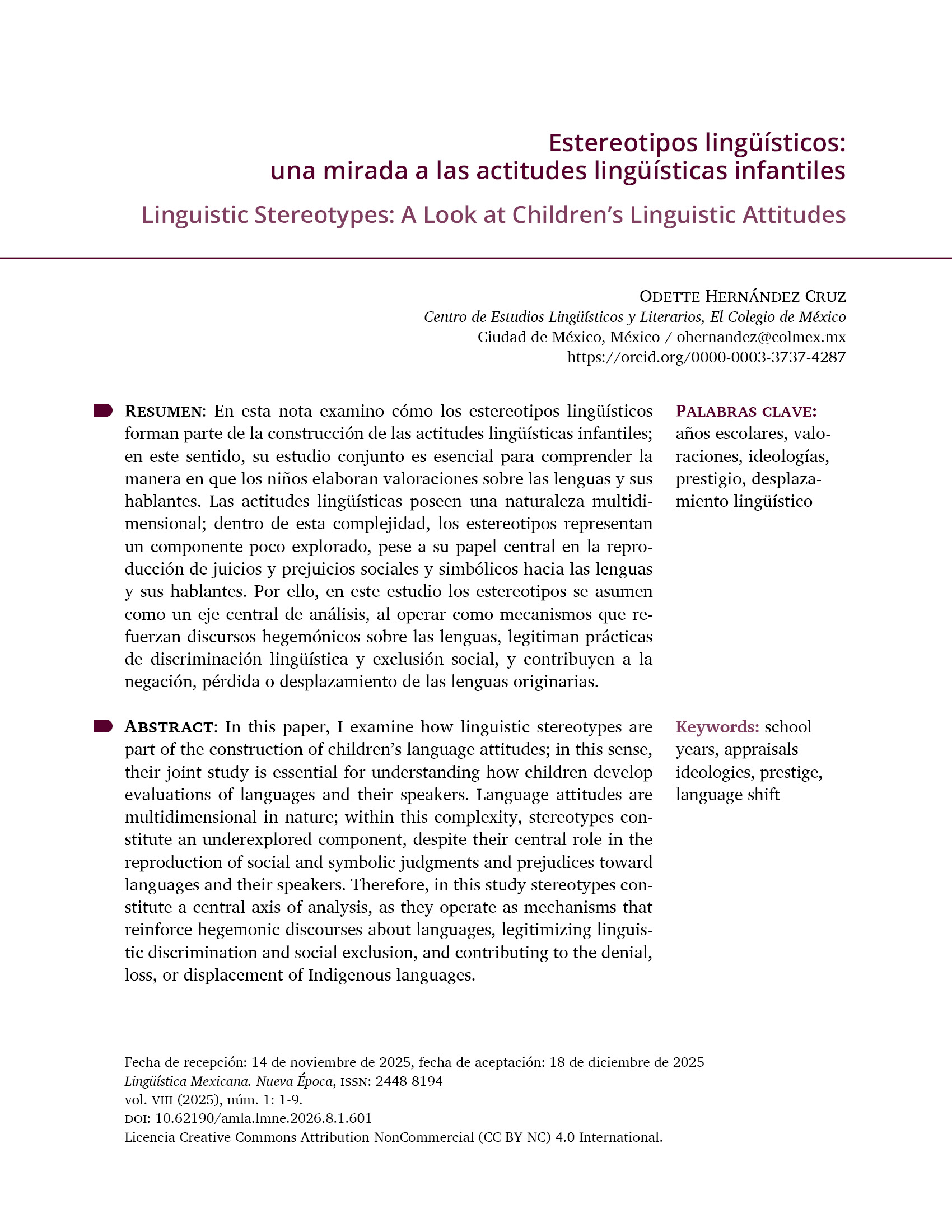 Portadilla de la nota "Estereotipos lingüísticos: una mirada a las actitudes lingüísticas infantiles"